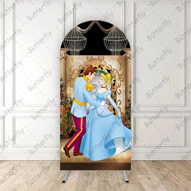 

Prince Princess Cute Cinderella Blue Dress Cartoon Disney Arch Photo Backdrop Cover Girls Birthday Party Background Decoration