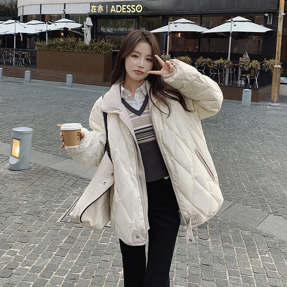 

Korean Down Cotton Jacket For Women 2024 New Thickened Winter Coat Fashion Rhombus Lattice Female Elegant Thin Parka Outerwear