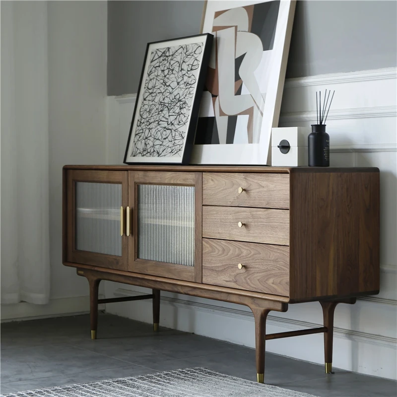 

Обеденный боковой шкаф из массива дерева в скандинавском стиле, место для хранения из черного ореха, стеклянный шкафчик Changhong, ретро.