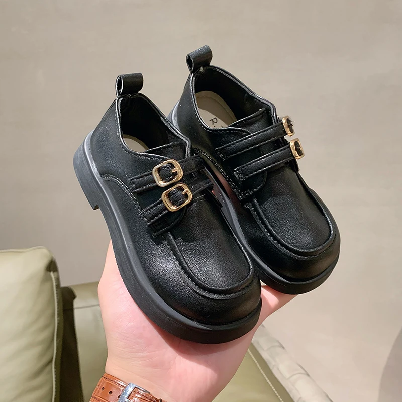 Childre Girls Leather Shoes Versatile Round-toe Classic Round-toe Black Uniform School Shoes Korean Style Kids Loafers 2023 New