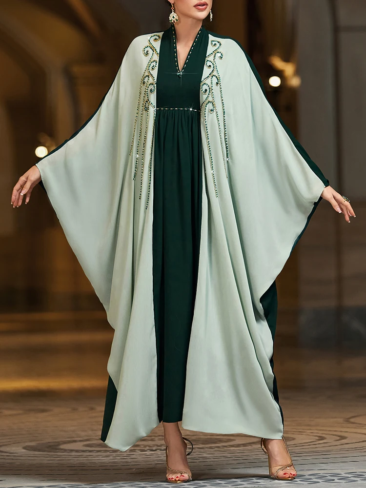 

Mia Muse Ramadan Essentials Women's Dress Edgy Elegant Contrast Color Batwing Sleeve V-Neck Midi Evening Kaftan