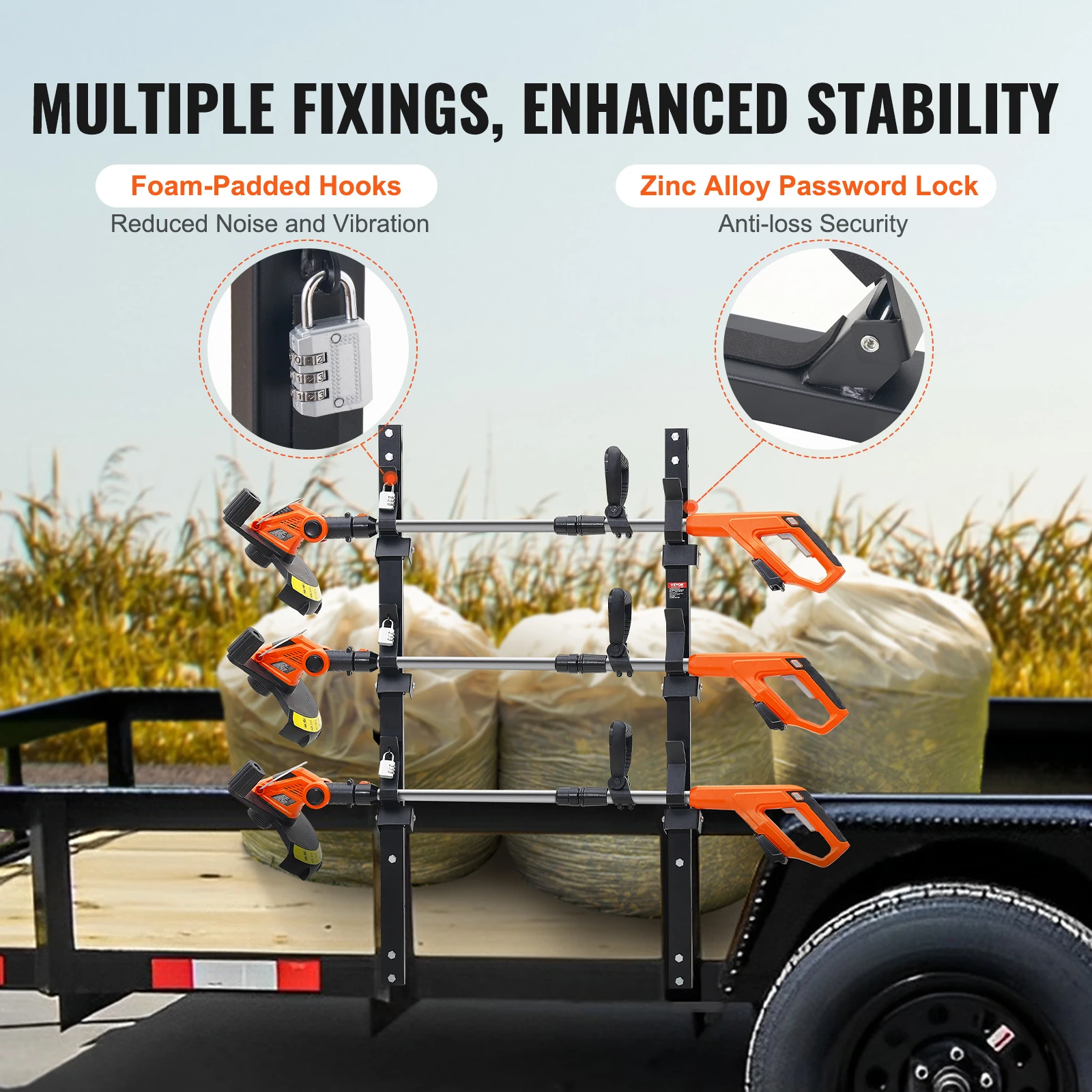 VEVOR 3 Position Weed Trimmer Rack Vertical/Wall Mounted Weeding Bracket with Hook Can Be Locked for Open Landscape Trailers