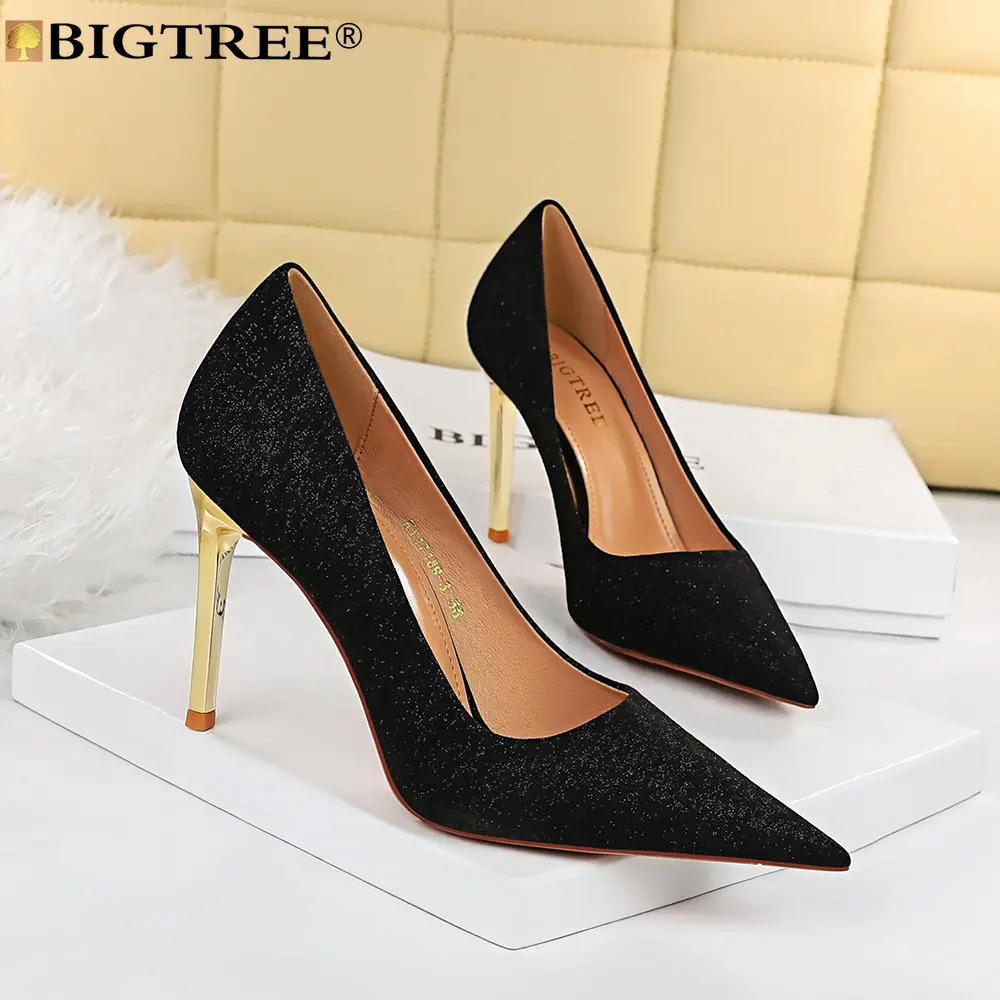 

BIGTREE High Quality Women's High Heels Pumps Mixed Colors Pointed Toe Canvas 9.5CM Thin Heels Sexy Party Women Shoes Black