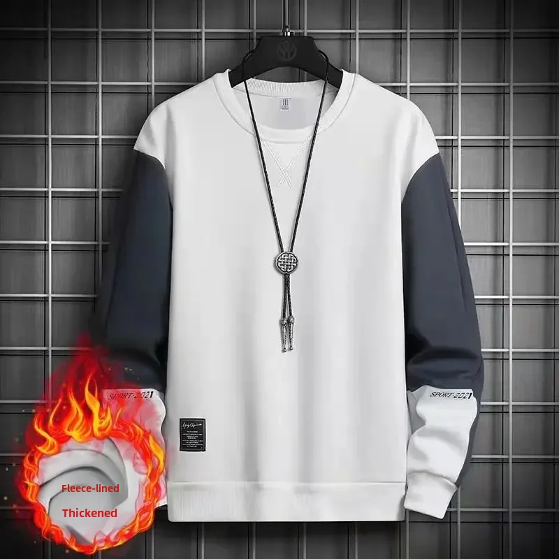 Men's Autumn Winter Fleece-lined Sweatshirt Trendy Color Block Long Sleeve Youth Jacket Loose Fit Casual Wear