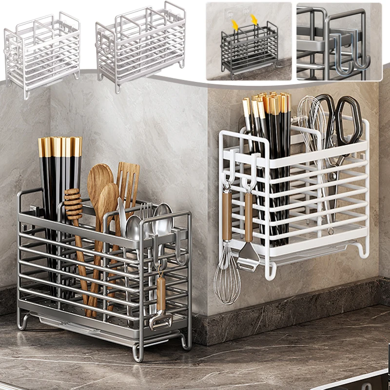 

New Cutlery Organizer with Drainage Tray Multi-functional Wall Mounted and Countertop Vertical Storage Rack for Spoon Chopstick
