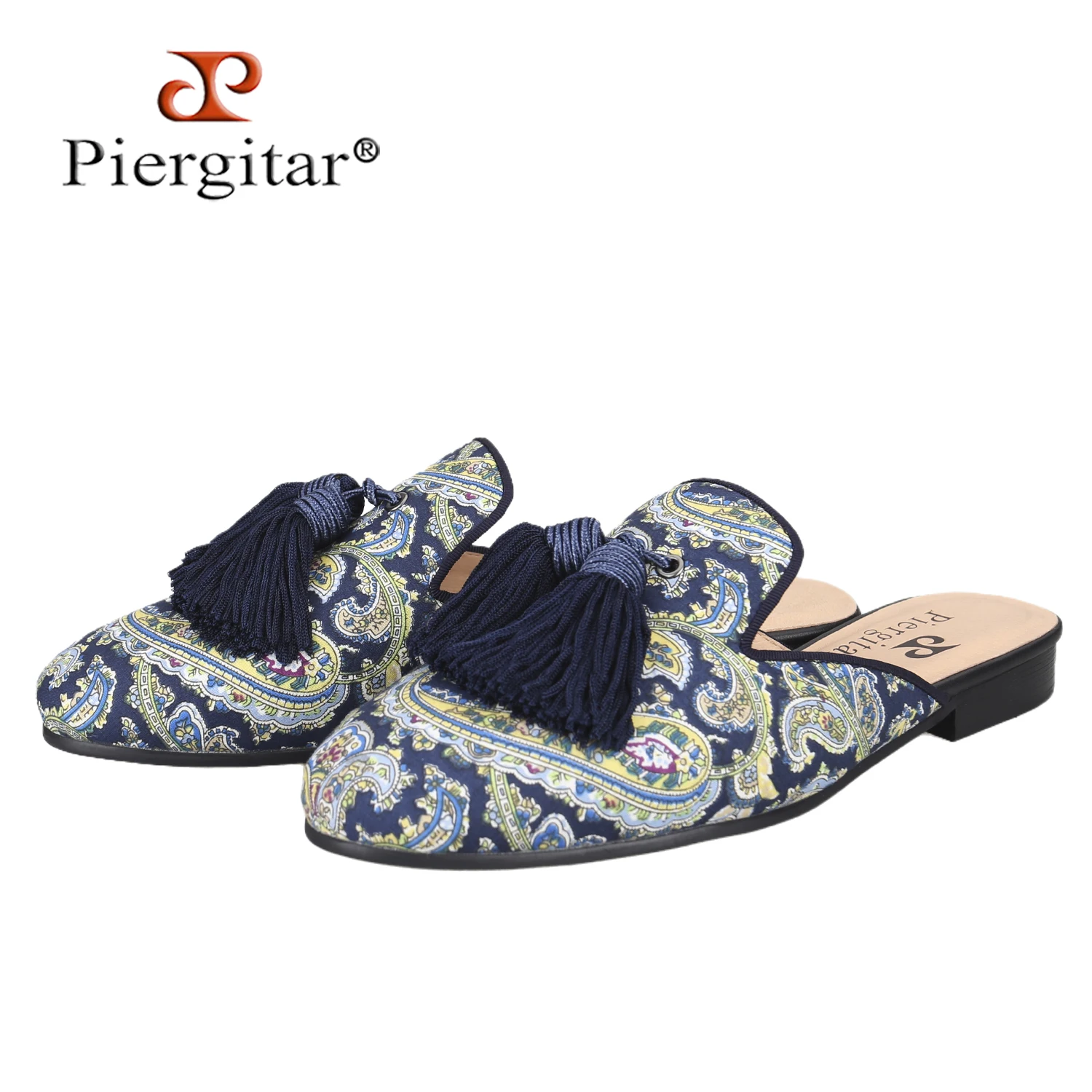 Piergitar Classic Style Two Colors Paisley Pattern Canvas Men's Mules Handmade Match Color Tassels Slip-On Slippers Plus Size