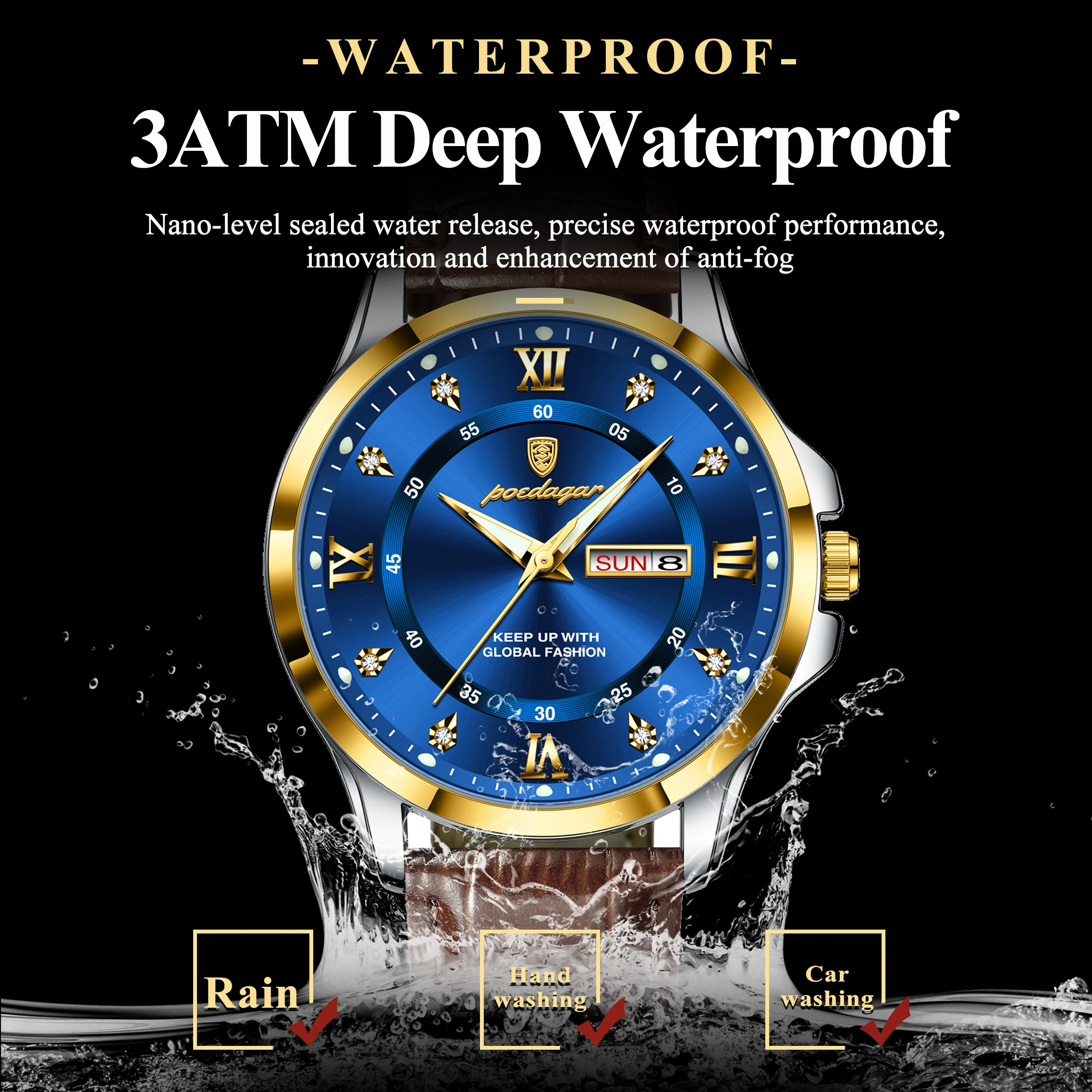 Men's Waterproof Luminous Date Week Business Watch