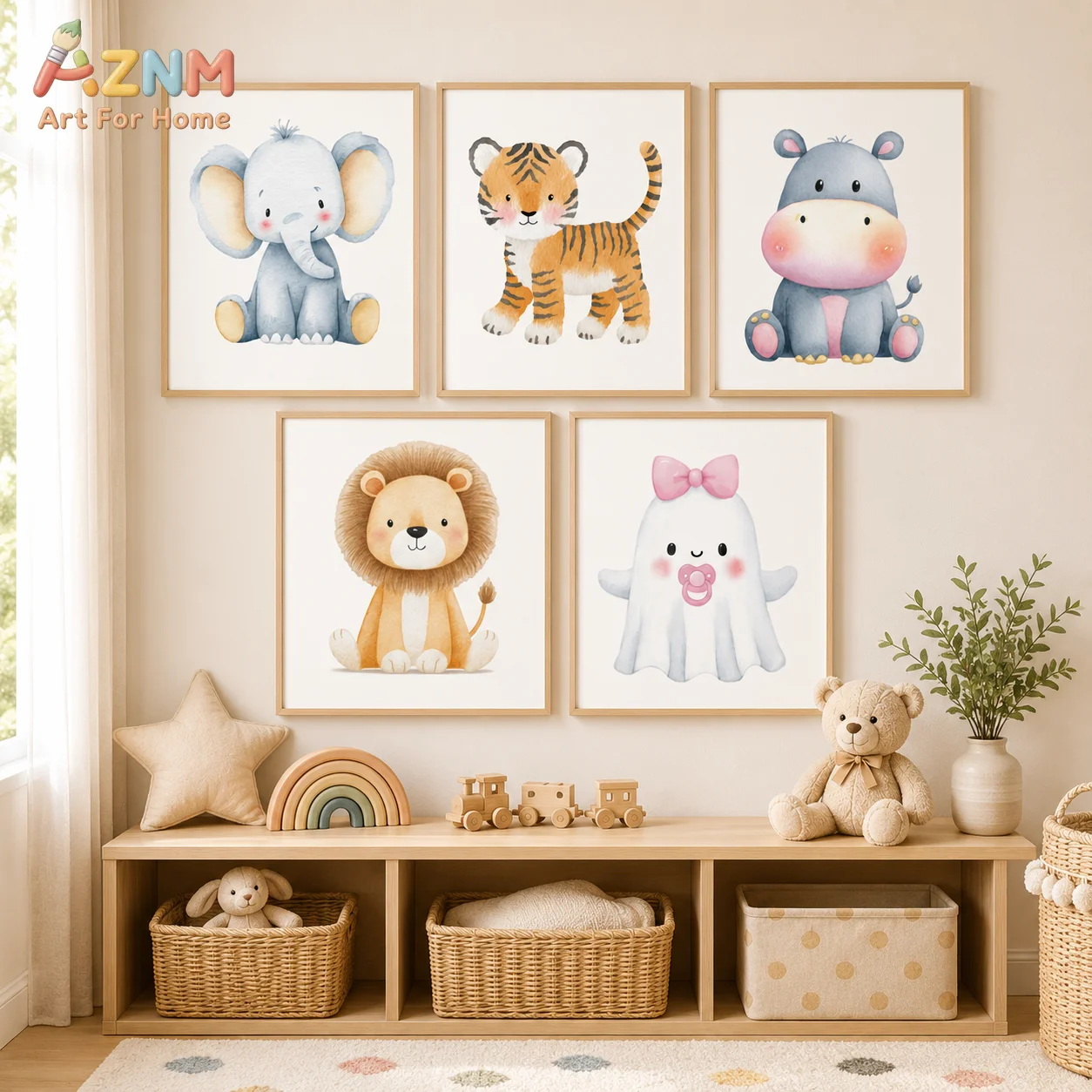AZNM Unframed Canvas Print Watercolor Safari Animal Wall Art Cute Elephant Tiger Lion Ghost Nursery Home Decor Poster