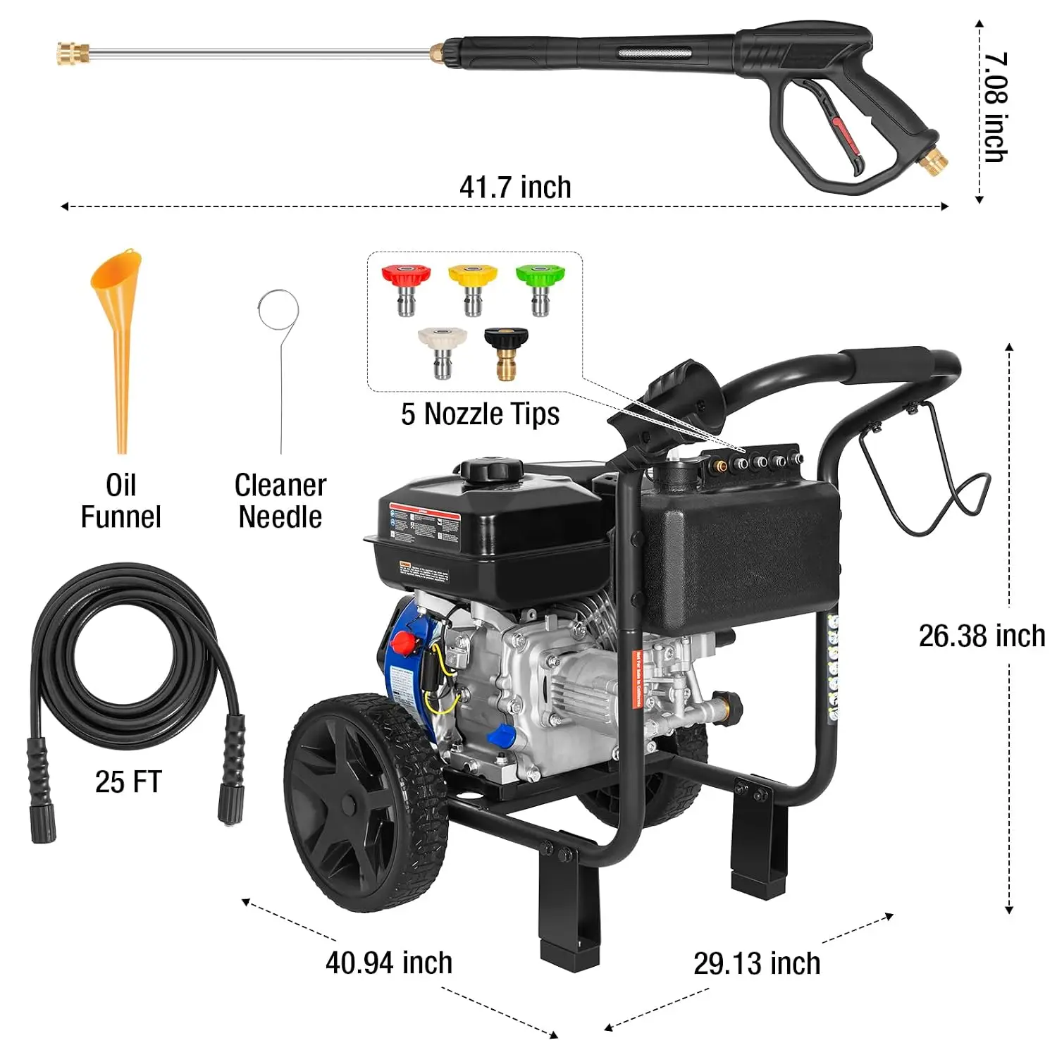 3500PSI 2.5GPM 224cc 4-Cycle  Pressure Washer With Spray   Wand 5 Nozzles for Outdoor Cleaning