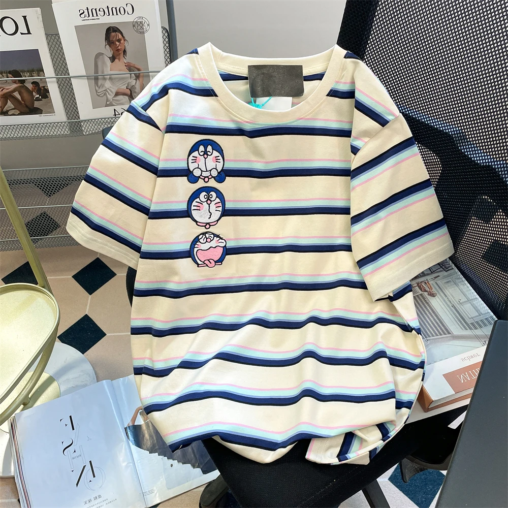 

Super Good-Looking Cartoon Japan Dolaermon Striped Short-Sleeved T-Shirt For Men And Women In Summer, Cute Little Man, Right Sh