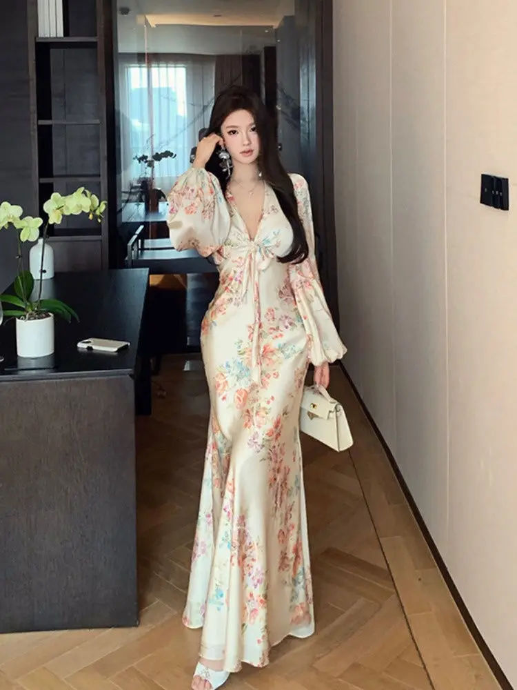 

Sexy Rose Print Deep V-neck Long Sleeve Fishtail Dress Summer New Elegant High end Wrap Hip Slimming Maxi Dresses for Women