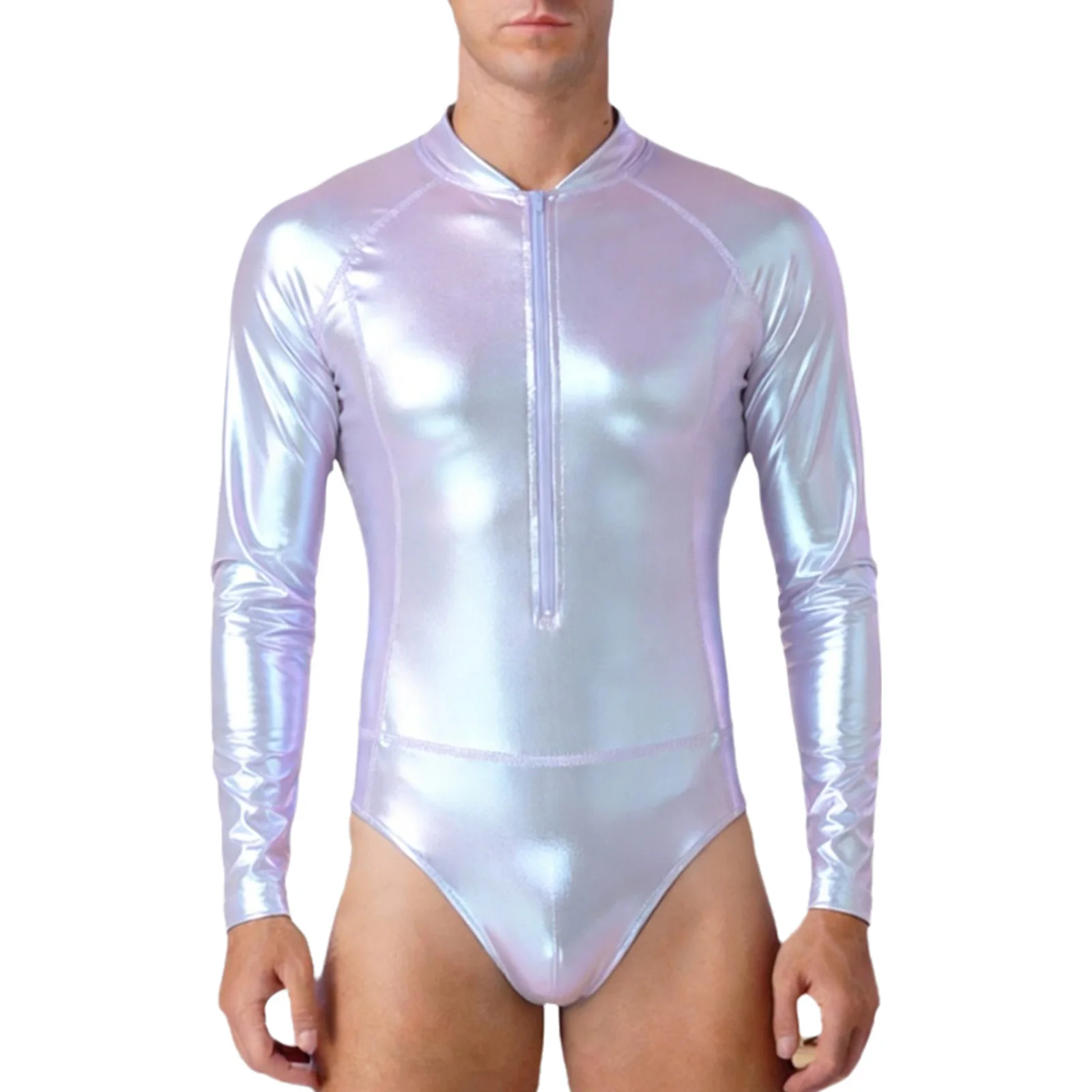

Мужской металлический блестящий комбинезон-боди с длинным рукавом на молнии спереди для клуба, джаза, танцев и гимнастики