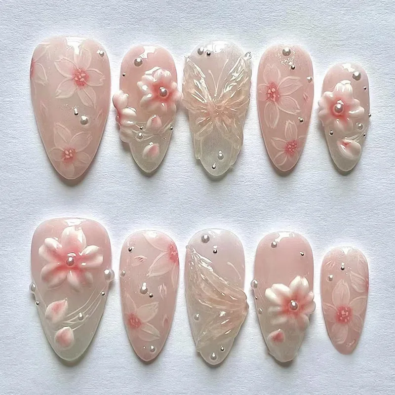 

24pcs Cute Pink False Nails 3D Flowers Pearl Design Fake Nails Fairy Sweet Style French Almond Press on Nails for girl and Lady