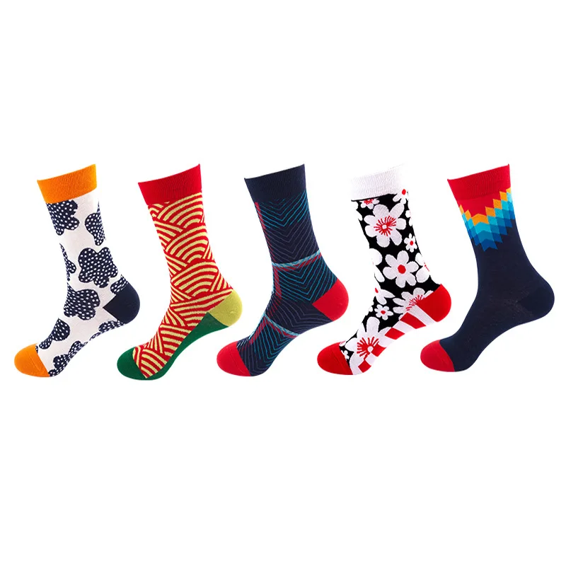 5 Pairs/Pack Couples Happy Socks Cotton EU 37-43 Men Funny Cartoon Fruits Flowers Animals Basketball Streetwear Harajuku Socks