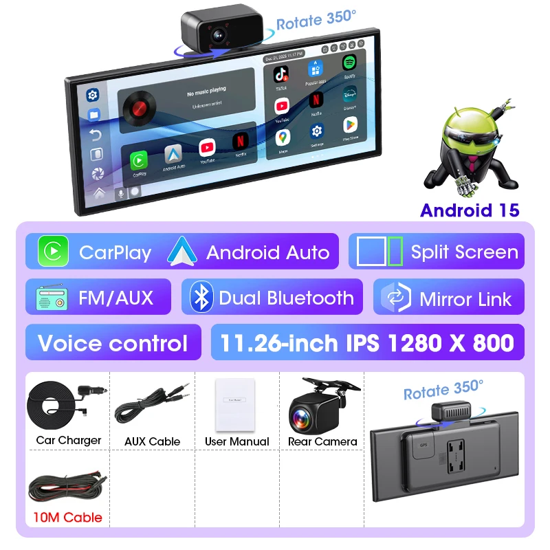 Develuck 11.26 "Android 15 4G + 64G Auto DVR Dash cam Carplay Android Auto WIFI Airplay Recorder Ondersteuning Youtube Netflix BT Muziek