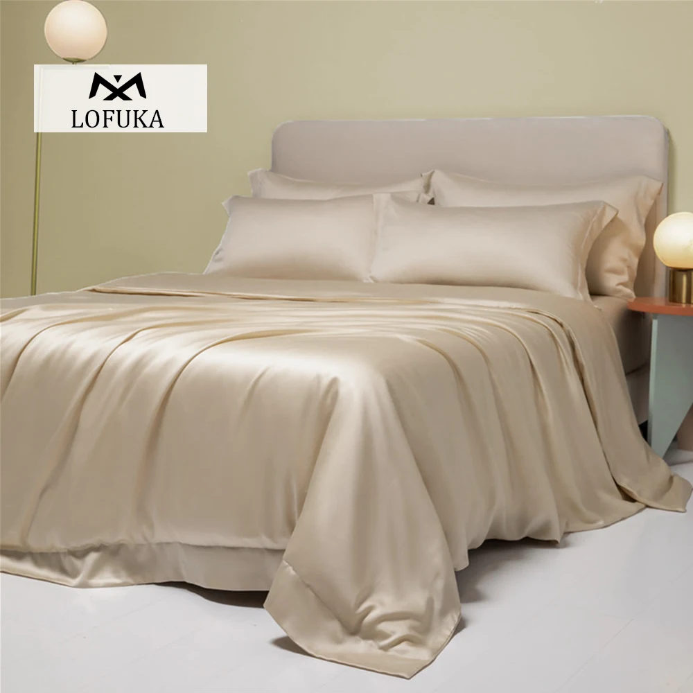 Lofuka Solid Color 100% Pure Silk Bedding Set Beauty Double Queen King Quilt Cover Flat Sheet Pillowcase For Healthy Sleep