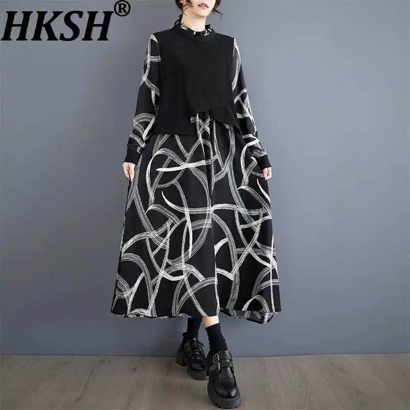 

Новое женское платье HKSH 2026 весна-осень, с длинными рукавами, вязаное, с принтом, имитация двухслойного платья, плиссированное, повседневное, модель HK18611