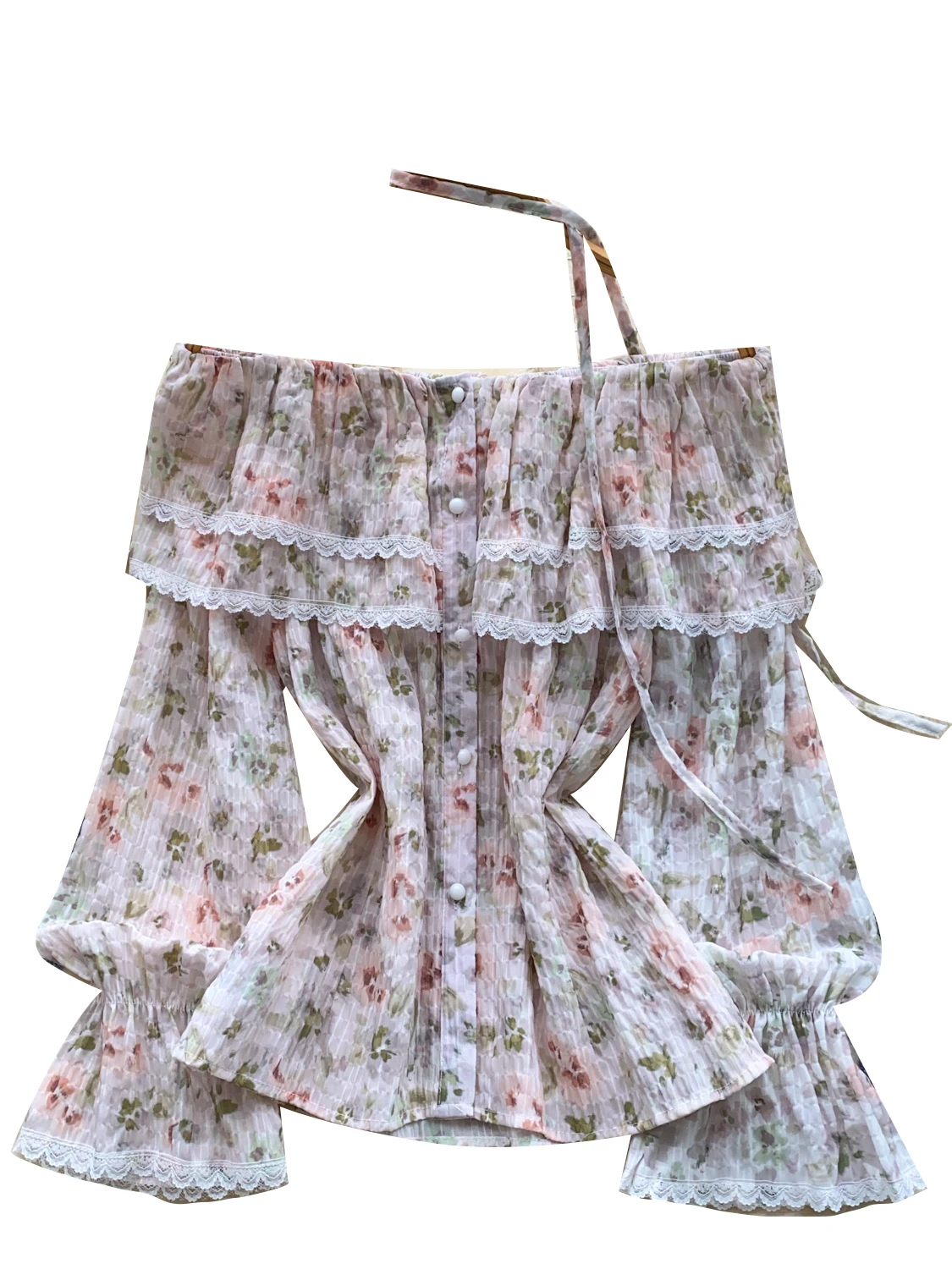 Imprimé Floral dentelle épissure cloche Sve une épaule femmes irt coréen Sle coupe ample longue Sve respirant vêtements de trajet