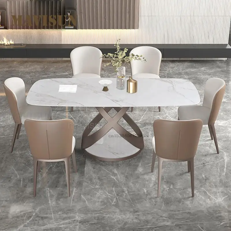 Italian Dining Table Rock Plate Desktop Rectangular High-End Restaurant Modern Furniture Rose Golden Kitchen Table With 4 Chairs