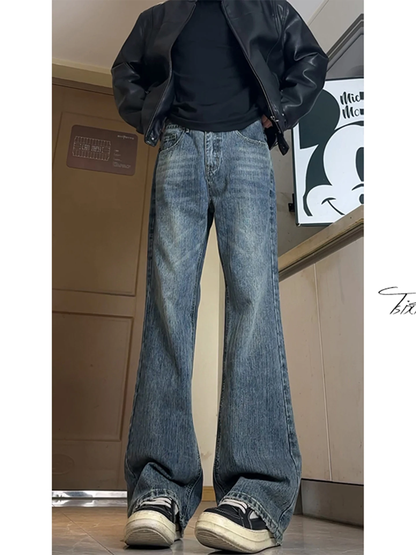 

Мужские джинсы с синим бамбуковым узором, прямые, зауженные, с легким клешем, с высокой талией, в американском уличном стиле