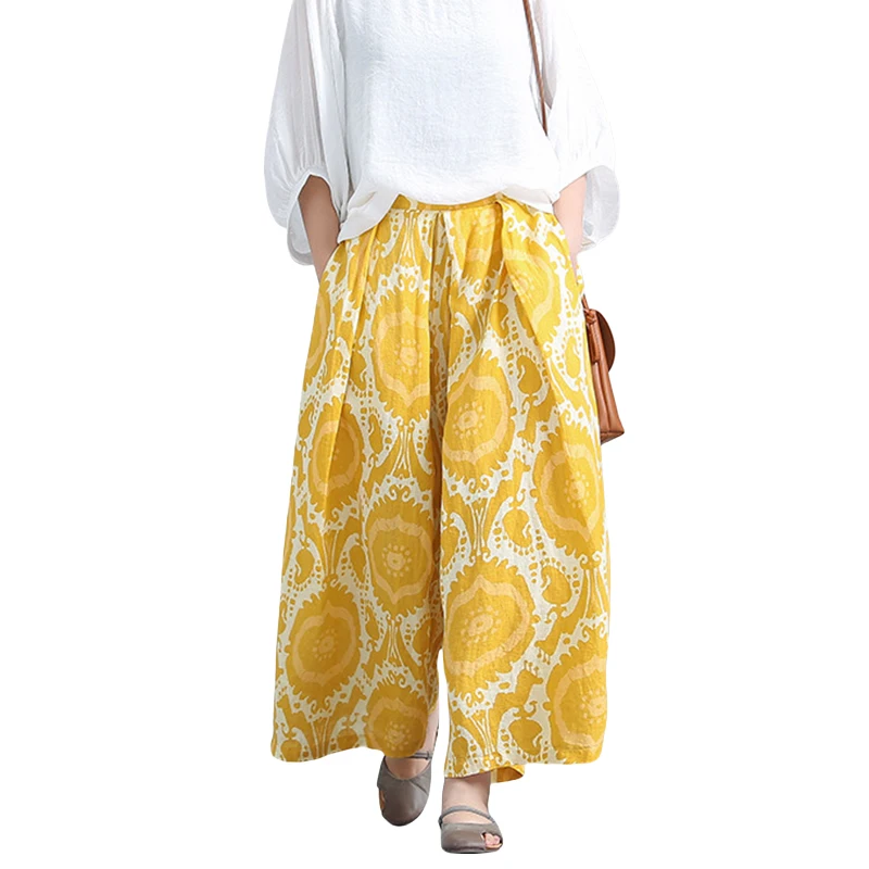 Pantalon artistique jaune en lin ample à jambes larges pour femmes, avec taille élastique, pantalon décontracté à neuf points, jupe assortie avec tout