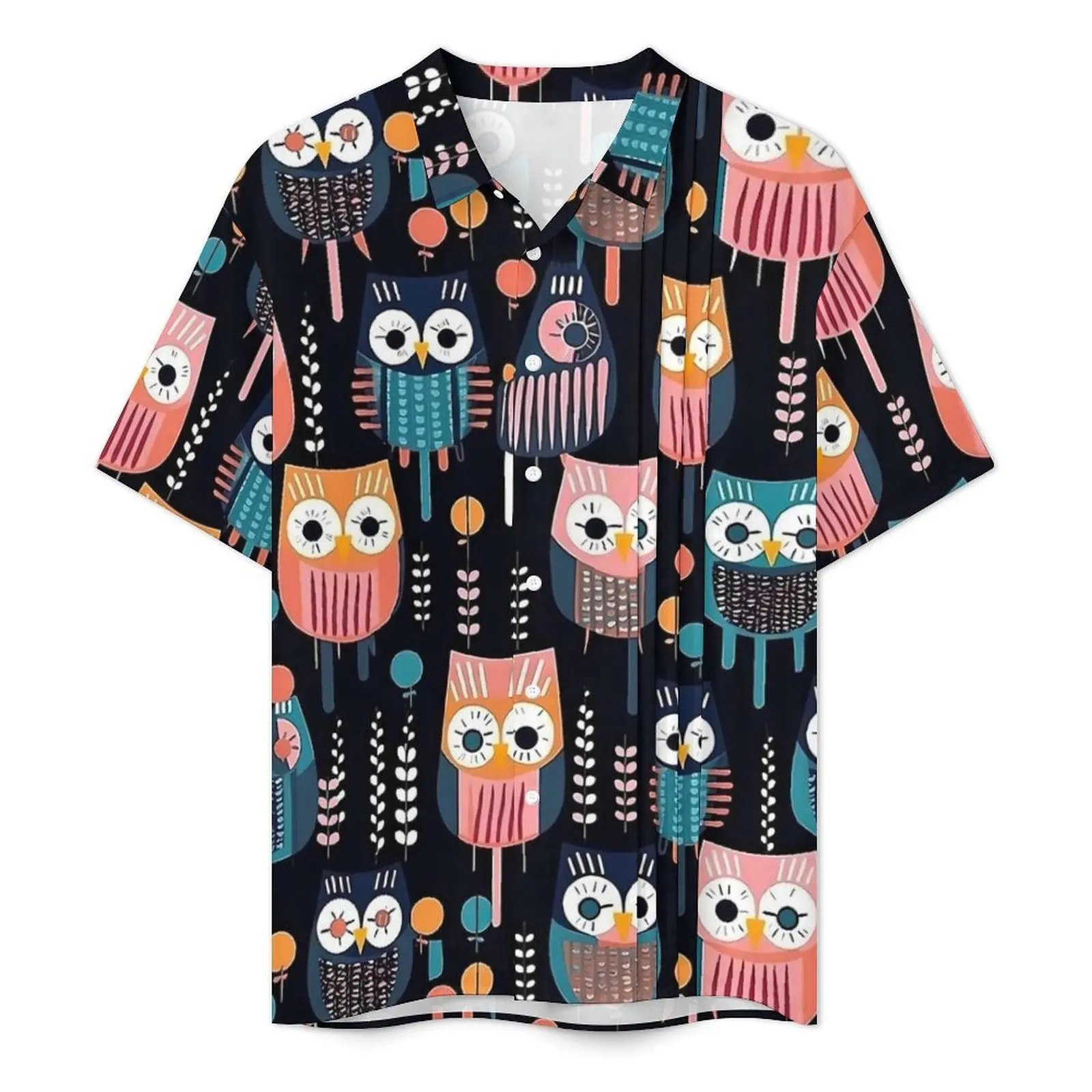 Geométrico negrito coruja férias camisa colorida animal havaí camisas casuais homens novidade blusas de manga curta confortável gráfico topos