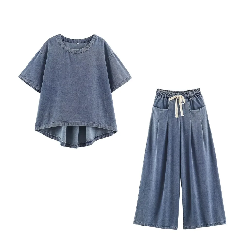 Women Vintage Denim Pant Sets Washed Effect Cowgirls Co-ord Sets Loose O-Neck Short Sleeve Denim Top + Drawstring Wide Leg Jeans
