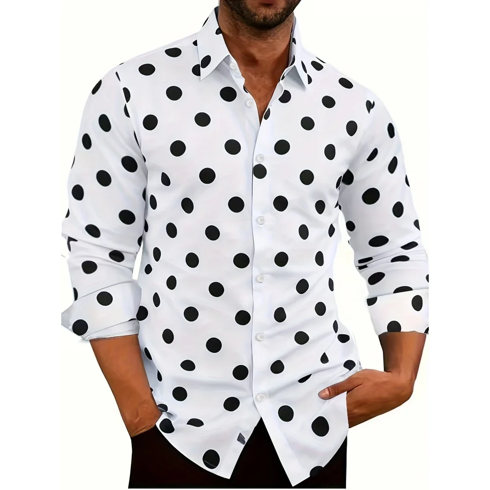 

Men's Black and White Dot Printed Casual Versatile Long Sleeved Shirt Button Shirt Lapel Casual Breathable Fashion Outdoor Shirt