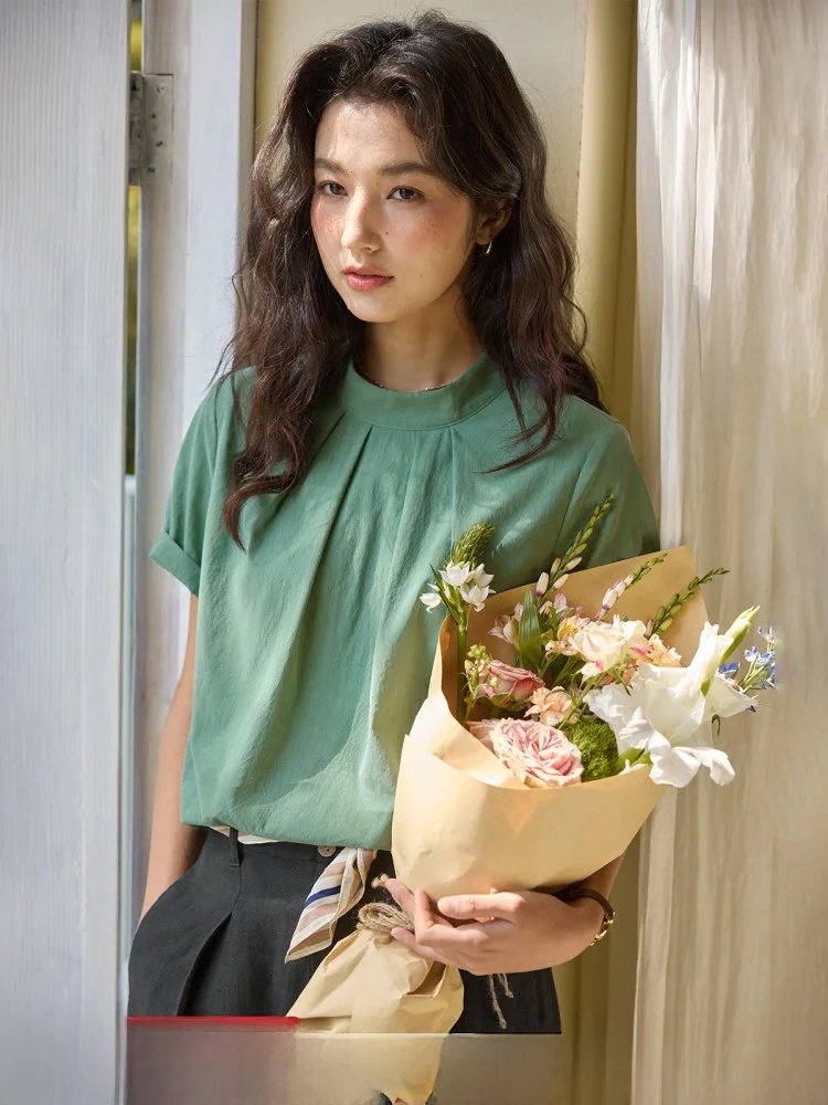

Solighter Women's Green Shirt Summer 2025 New Short Sleeve Tie Waist Top Stand Collar Breathable Comfortable Regular Fit