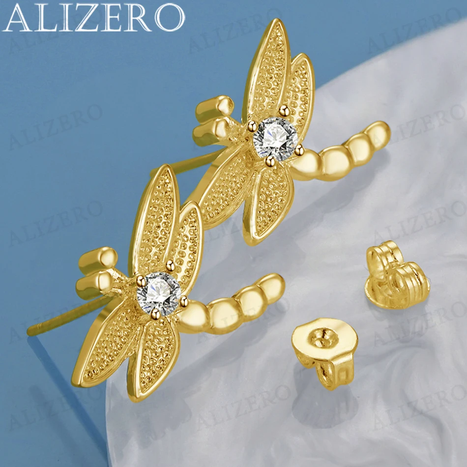 ALIZERO 18K Gold AAA Zircon Dragonfly Stud Earrings For Women Wedding Engagement Party Fashion Charms Accessories Jewelry