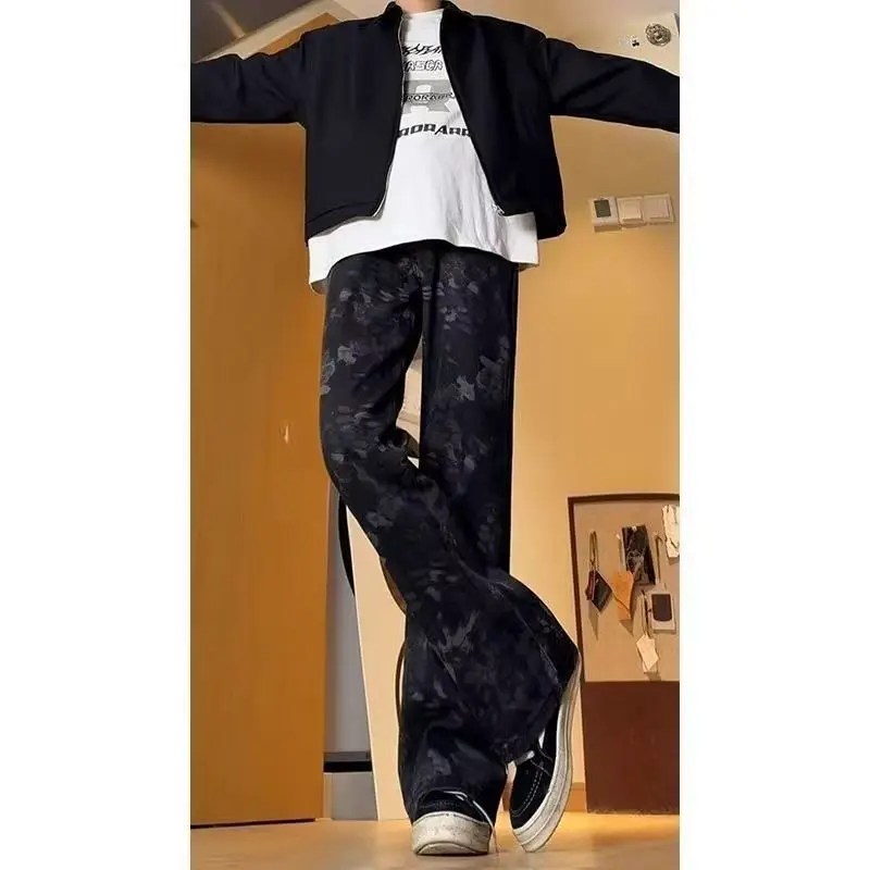 Black Snake Pattern Camouflage Jeans Men's Spring Ruffian Handsome Design Pants American High Street Straight Micro-pull Pants