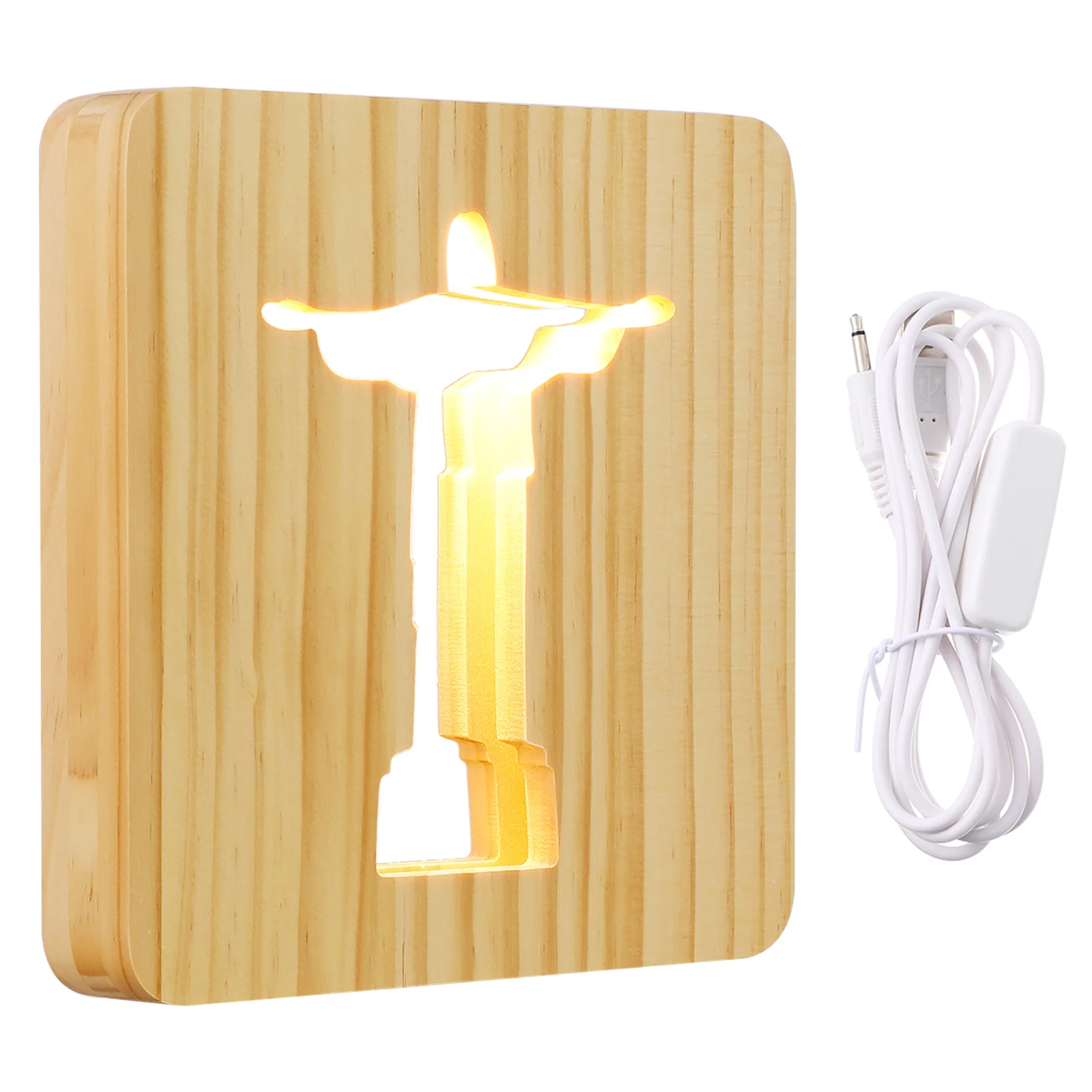 

3D Illusion Jesus Cross Night Light Made of Pine Wood and Acrylic USB Table Lamp for Home Office Decor Gentle LED Lighting