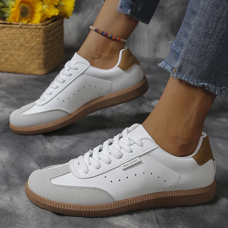 Fahion-zapatillas de deporte planas de retales para mujer, zapatos vulcanizados de cuero Pu con cordones, transpirables, suaves, de colores mezclados, para caminar, de otoño