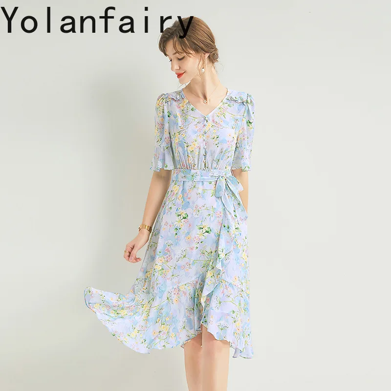 YOLANFAIRY 100% Real Mulberry Silk Dress for Woman Short Sleeve Ruffled Silk Long Dress Elegant Summer Dress Lace-up vestidos