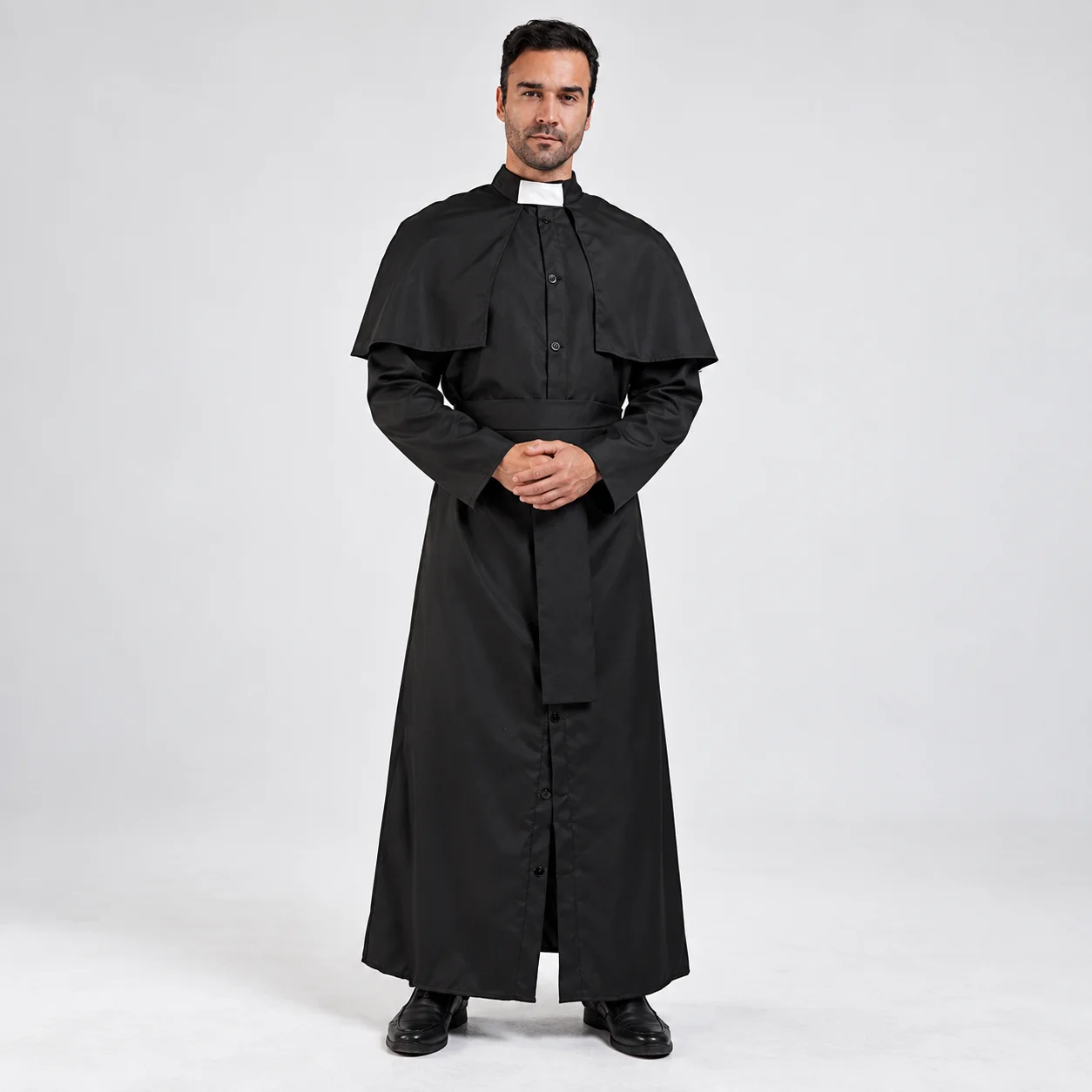 Halloween Priest Costume Men Black Clergy Robe Cosplay Outfit Long Cape Robe Stage Performance Party Costume