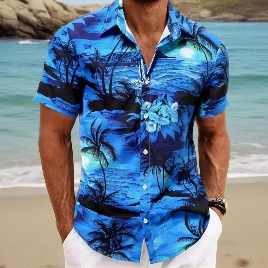 

Beach Men's Lapel Shirt Summer Short Sleeve Outdoor Everyday Shirt Tops Landscape Printed Pattern OverSize Loose Men Clothing