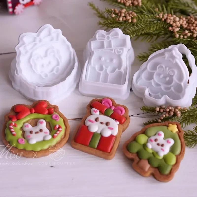 Christmas Bunny Shape Wreath Cookie Cutter Xmas Tree Gift Decor Biscuit Stamp Rabbit Icing Cookie Fondant Cake Tools Accessories