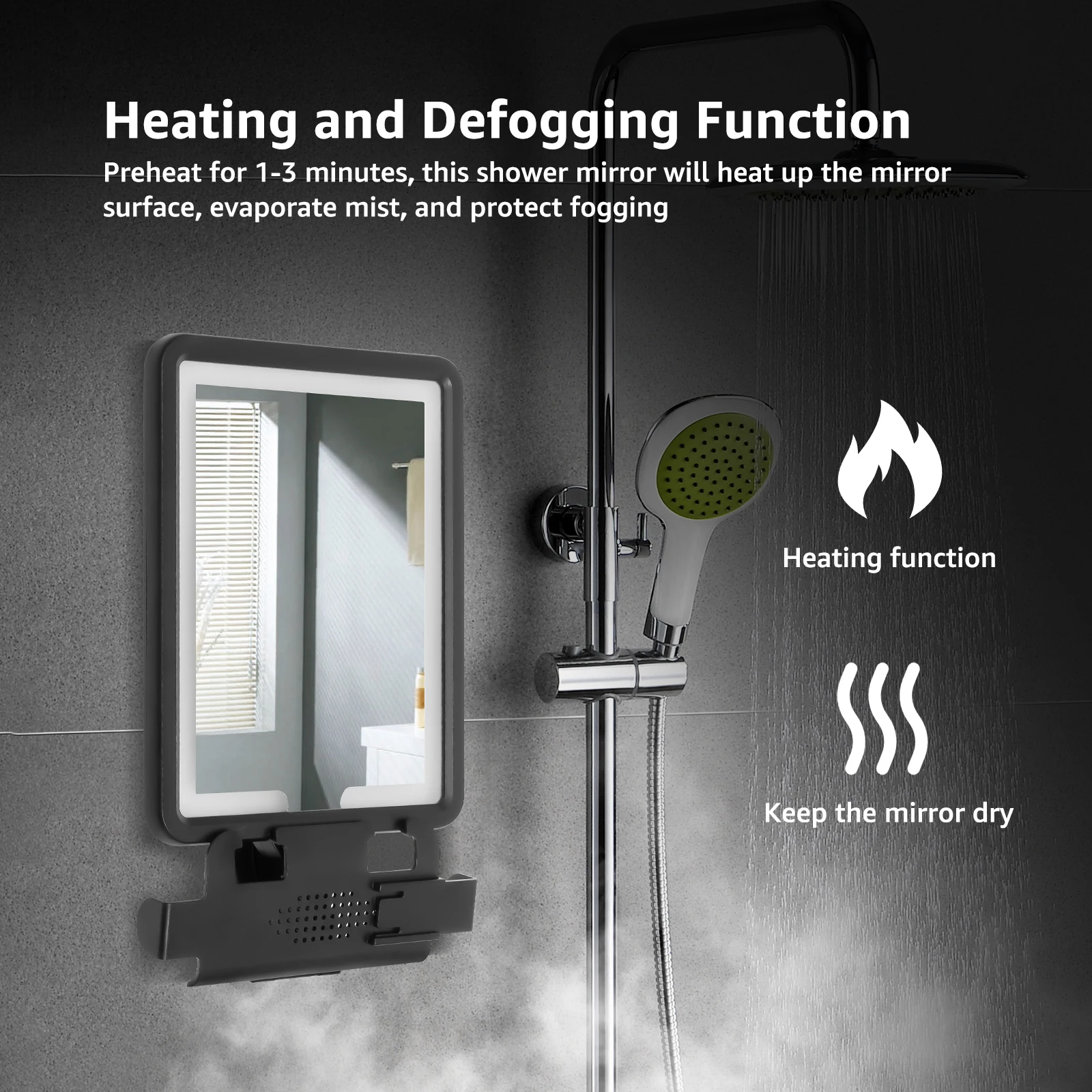 مرآة دش ساخنة بدون ضباب للحلاقة، مرآة دش مضادة للضباب قابلة لإعادة الشحن مع 3 أضواء ملونة وسطوع قابل للتعديل #5