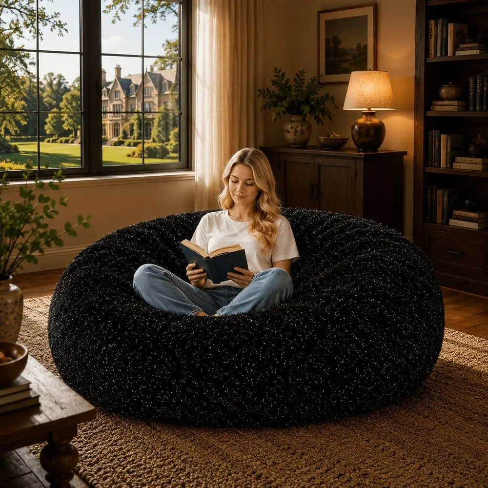 Oversized Sparkly Flannel Cloud Bean Bag Chair, Round Memory Foam Lazy Floor Sofa, Washable Cover No Assembly Compressed Lounge