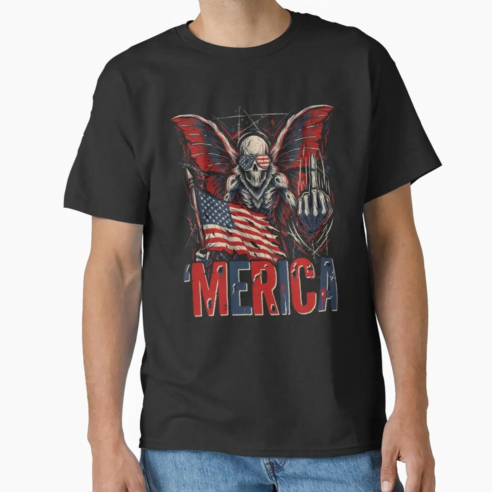 'Merica Mothman Patriotic T Shirt v10 designed and sold by DarylWelsh2024 vintage Washed Breathable Top For Everyday Wear