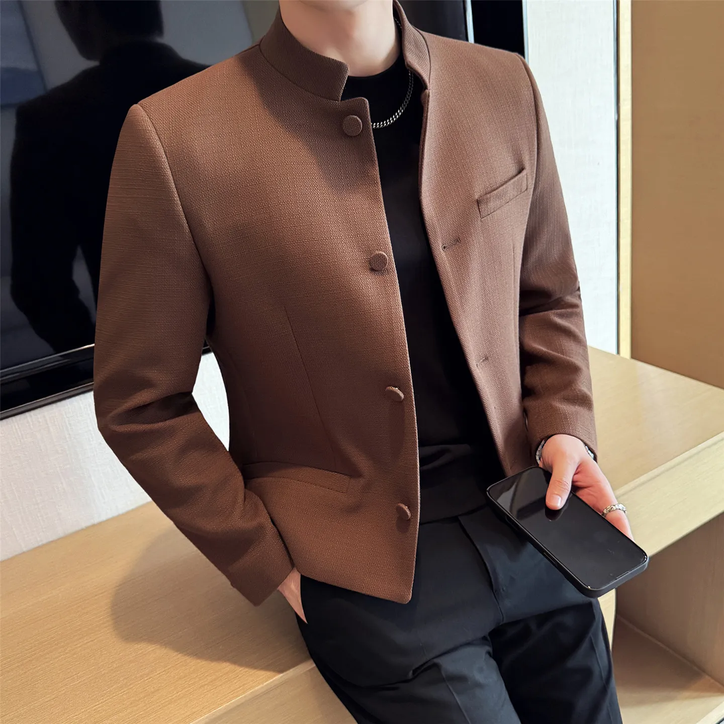 

Autumn Chinese Style Jacket Men's Linen Cotton Texture Slim Fit Stand Up Collar Jacket Casual Business Social Streetwear Coats