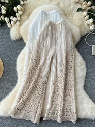 Korean Fashion Beach Knitting Trousers Women Embroidery Splice Hollow Out Elastic Waist Loose Pants Female Long Wide Legs Summer