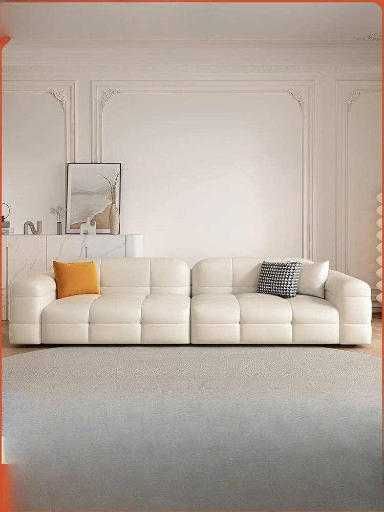 

Cream wind marshmallow sofa living room small apartment modern simple French three-person straight row cat claw leather sofa