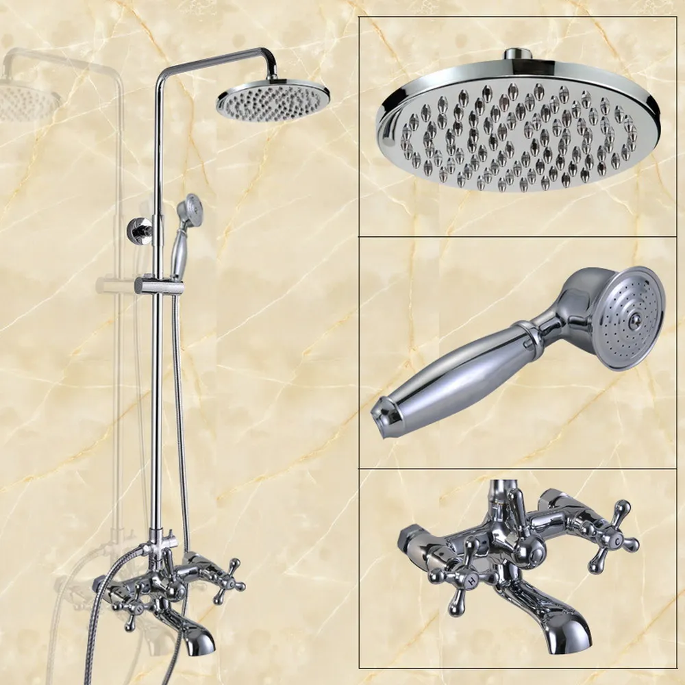 Polished Chrome Rainfall Shower Set Faucet + Tub Filler Tap + Handheld Shower Wall Mounted 8