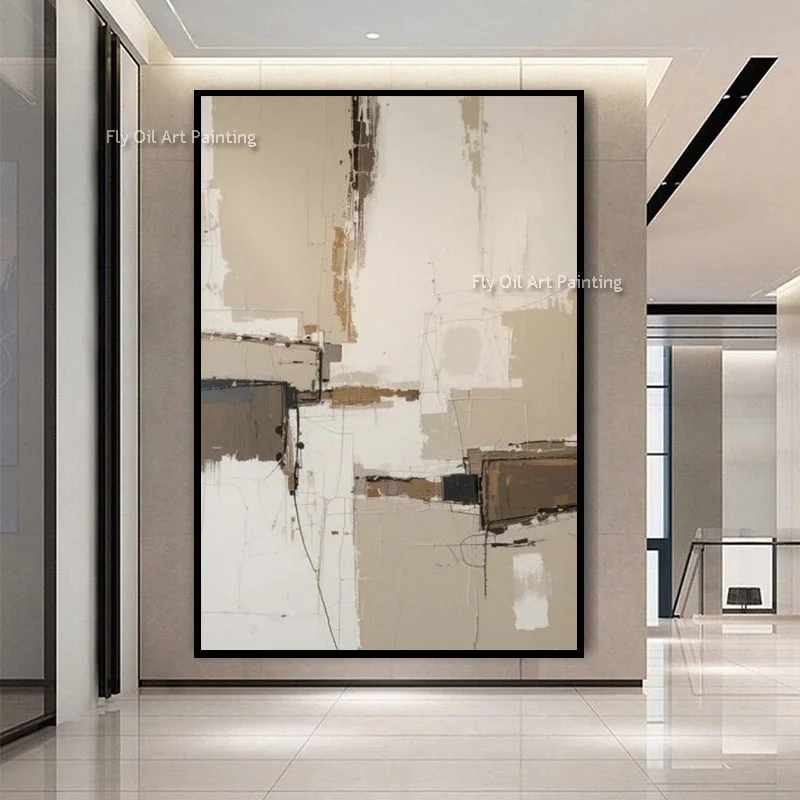Handmade Geometric Block Abstract Wall Art, Earth Tone Brush Stroke Oil Painting Minimalist Modern Living Room Decor