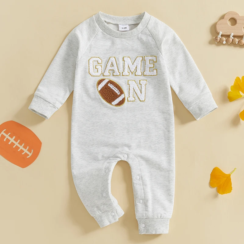 

Infant Autumn Winter with Soccer Ball Applique and Ribbed Crew Neck Long Sleeve Footed Romper