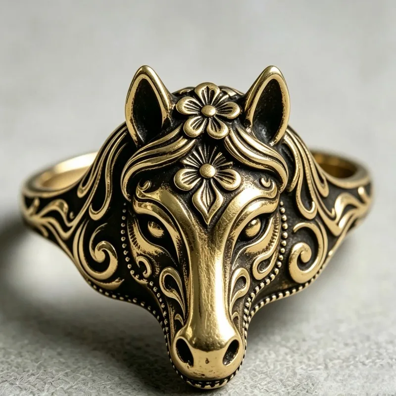 European and American new fashion retro engraved pattern horse face shape women's ring
