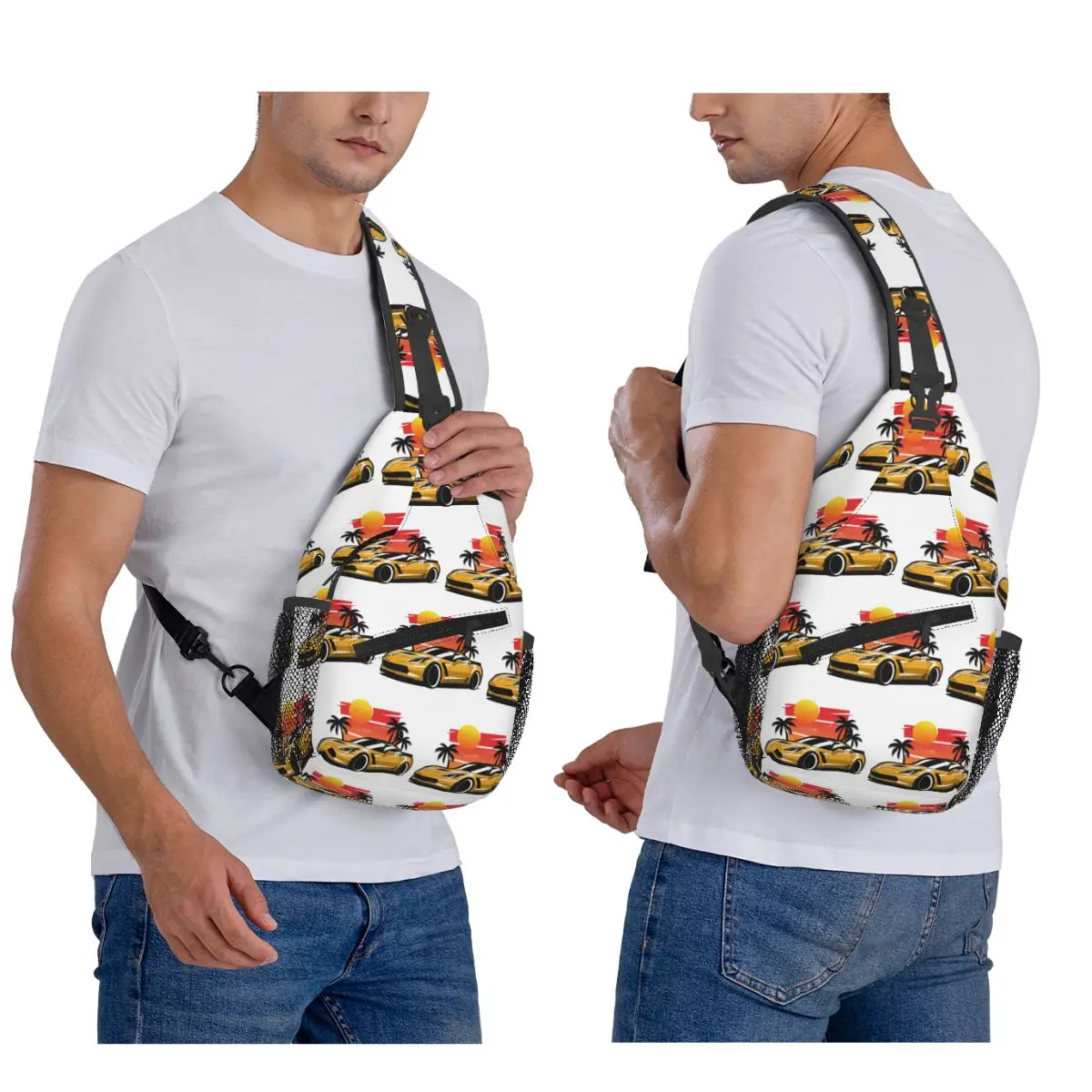 Yellow Corvette Z06 Sunset Palms Chest Bag Men Sling Crossbody Backpack Chest Bag Travel Hiking Daypack Shoulder Bag