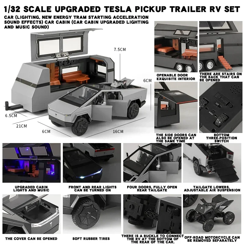 New 1:32 Tesla Cybertruck Pickup Trailer Alloy Car Model Diecast Metal Toy Off-road Vehicle Truck Model Sound & Light Kids Gifts