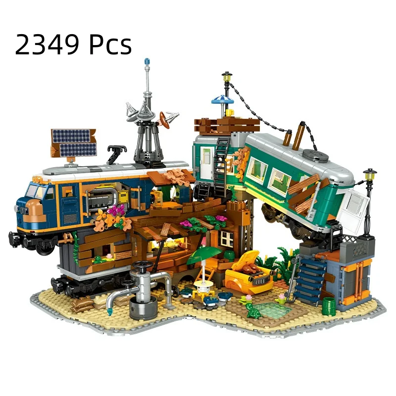 59167 Post‑Apocalyptic Train Rebuild Park Building Blocks Wilderness Street View Model With LED Light Kit Desktop Display DIY